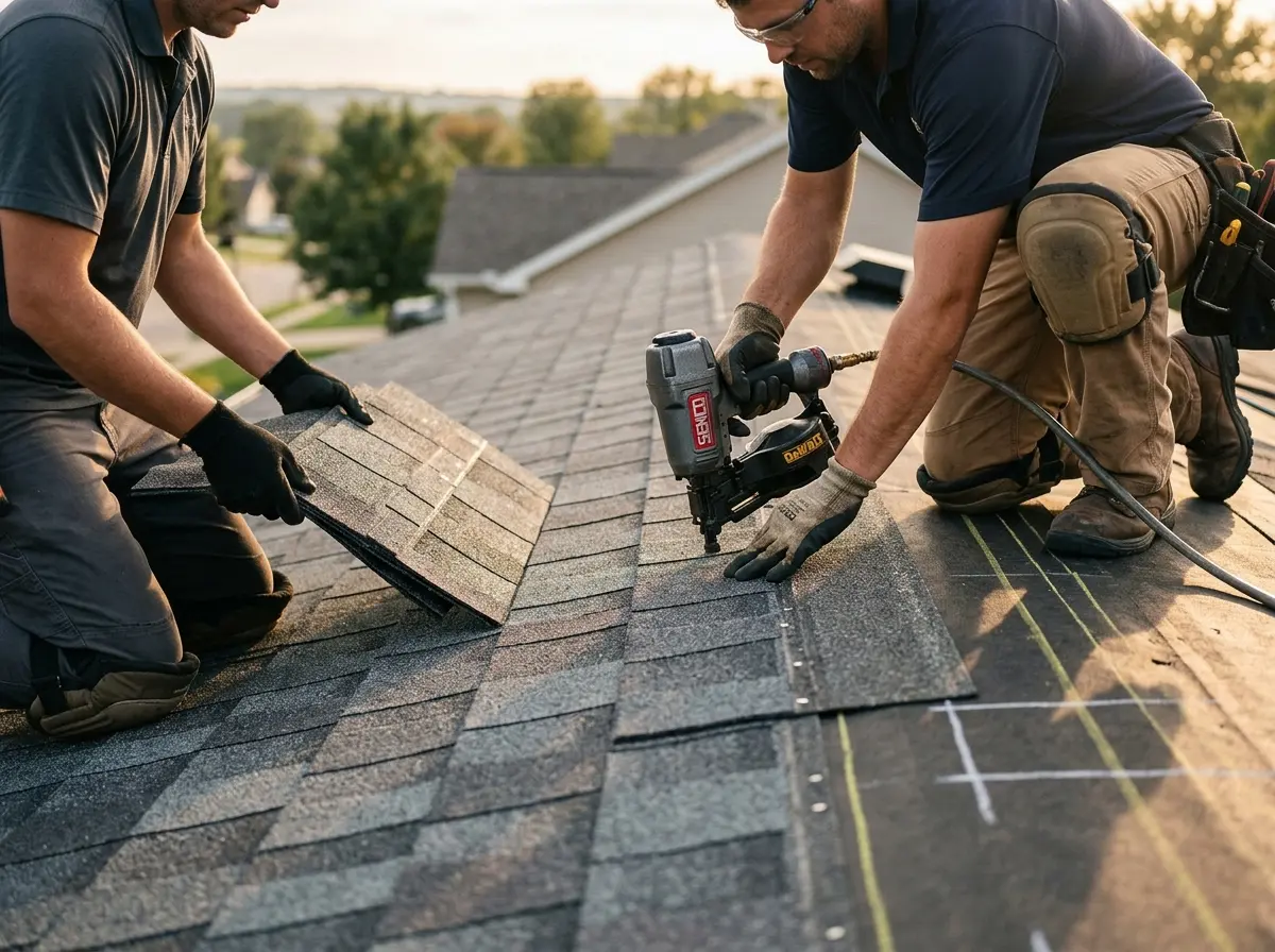 Professional roofer working on a residential roof in Beacon